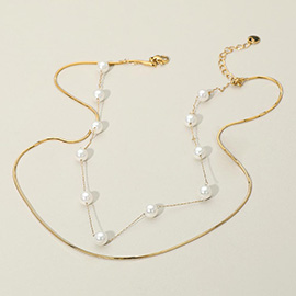 SECRET BOX_Stainless Steel Pearl Sleek Box Chain Layered Necklace