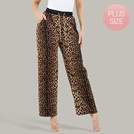 Plus Size Leopard Print Drawstring Wide Leg Pants