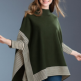 Striped Hem Mock Neck Asymmetrical Poncho
