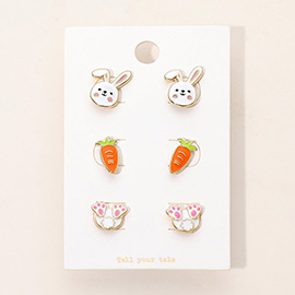 3Pairs - Easter Bunny Carrot Paw Stud Earring Set