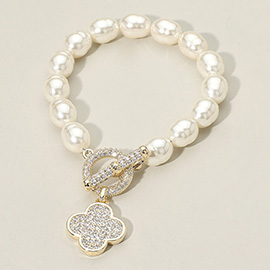 14K Gold Plated CZ Stone Paved Quatrefoil Charm Accent Pearl Beaded Stretch Toggle Bracelet