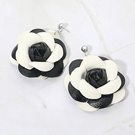 Elegant Faux Leather Rose Bloom Drop Dangle Earrings