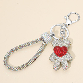 Bling Studded Heart Accent Teddy Bear Charm Wrist Strap Bag Charm Keychain