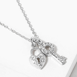 Rhinestone Paved Key Heart Lock Pendant Necklace