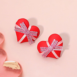 Gift Ribbon Wrapped Polymer Heart Stud Earrings