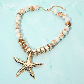 Bold Texture Metal Starfish Pendant Accent Beaded Statement Necklace