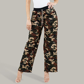 Rhinestone Studded Camouflage Print Drawstring Wide Leg Pants