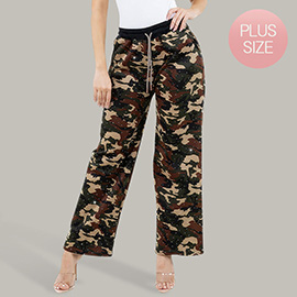 Plus Size Rhinestone Studded Camouflage Print Drawstring Wide Leg Pants