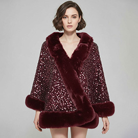 Festive Sequin Faux Fur Trim Shawl Poncho