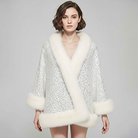Festive Sequin Faux Fur Trim Shawl Poncho