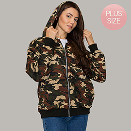 Plus Size Rhinestone Studded Camouflage Pattern Hooded Jacket