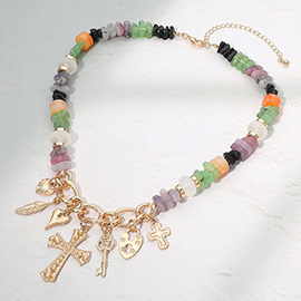 Cross Heart Key Leaf Charm Beaded Statement Necklace