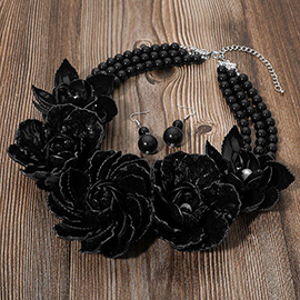 Bold Pearly Petal Floral Link Triple Pearl Strand Statement Necklace