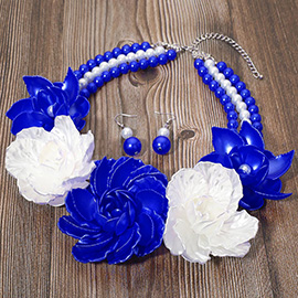 Bold Pearly Petal Floral Link Triple Pearl Strand Statement Necklace