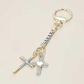 14K Gold Plated Two Tone Double Cross Drop Keychain Bag Charm