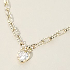 14K Gold Plated Bow Top Heart CZ Stone Bezel Pendant Necklace