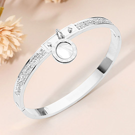 Stainless Steel Round Mother of Pearl Charm Accent CZ Stone Paved Hinged Bangle Bracelet
