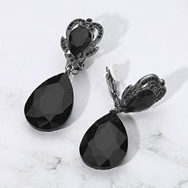 Ornate Top Faceted Teardrop Stone Dangle Clip On Evening Earrings