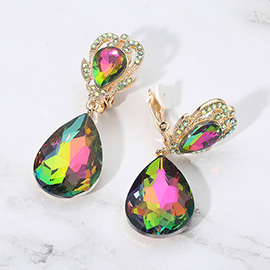 Ornate Top Faceted Teardrop Stone Dangle Clip On Evening Earrings