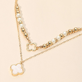 Mother of Pearl Quatrefoil Pendant Accent Pearl Beaded Layered Necklace