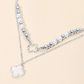 Mother of Pearl Quatrefoil Pendant Accent Pearl Beaded Layered Necklace