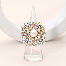 Pearl Centered Rhinestone Embellished Blossom Stretch Statement Ring