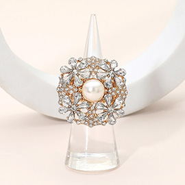 Pearl Centered Rhinestone Embellished Blossom Stretch Statement Ring