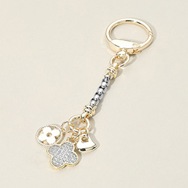 14K Gold Plated Two Tone CZ Stone Paved Quatrefoil Floral Clover Heart Charm Keychain Bag Charm