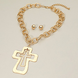 Bold Double Layered Cross Pendant Accent Chunky Chain Statement Necklace