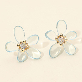 Round Center Stone Accent Transparent Resin Petal Flower Earrings