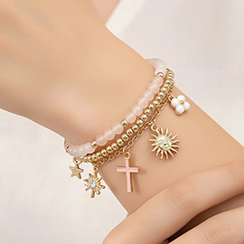 3PCS - Cross Flower Star Sunburst Charm Pearl Metal Ball Faceted Beaded Stretch Multi Layered Bracelets