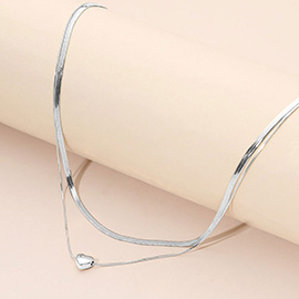 SECRET BOX_Stainless Steel Heart Pendant Accent Herringbone Chain Layered Necklace