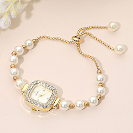 SECRET BOX_Stainless Steel Adjustable Pearl Cinch Pull Tie Rhinestone Paved Rim Quartz Watch