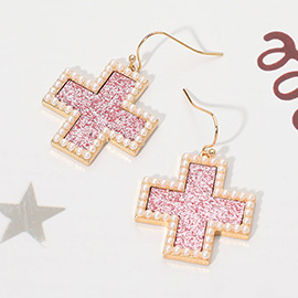 Pearl Edge Sparkle Cross Dangle Earrings