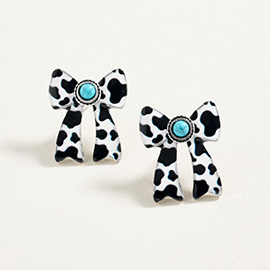 Oval Turquoise Stone Center Animal Pattern Print Western Bow Earrings
