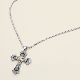Two Tone Textured Metal Cross Pendant Necklace