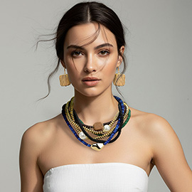 Chunky Pearl Wooden Cube Metal Pebble Accent Multi Disc Beaded Layered Toggle Statement Necklace