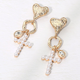 Pearl Cross Oval Faceted Stone Charm Drop Earrings