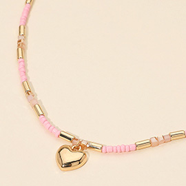 Puffy Metal Heart Pendant Beaded Necklace