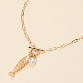 Fish Pearl Toggle Charm Pendant Necklace
