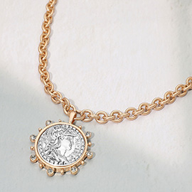 Two Tone Rhinestone Bubble Frame Coin Pendant Necklace