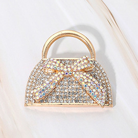 Rhinestone Studded Bow Accent Mini Handbag Pin Brooch