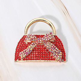 Rhinestone Studded Bow Accent Mini Handbag Pin Brooch