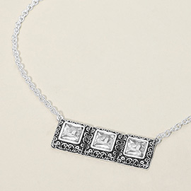 Triple Antique Metal Scrollwork Frame Square Tile Pendant Necklace