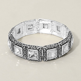 Antique Metal Scrollwork Frame Square Tile Beaded Stretch Bracelet