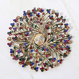 Round Stone Centered Rhinestone Embellished Branch Flower Pin Brooch