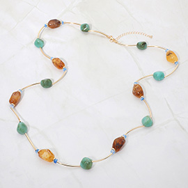 Resin Pebble Curved Metal Bar Beaded Long Necklace
