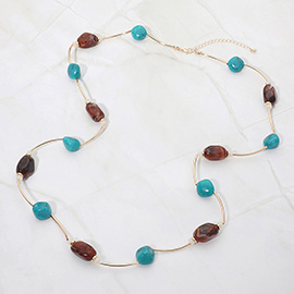 Resin Pebble Curved Metal Bar Beaded Long Necklace