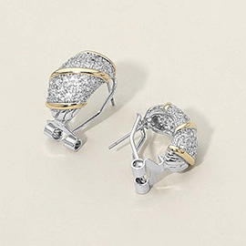 14K Gold Plated Two Tone CZ Stone Paved Done Half Hoop Earrings