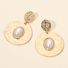 Oval Pearl Center Hammered Disc Drop Dangle Earrings
